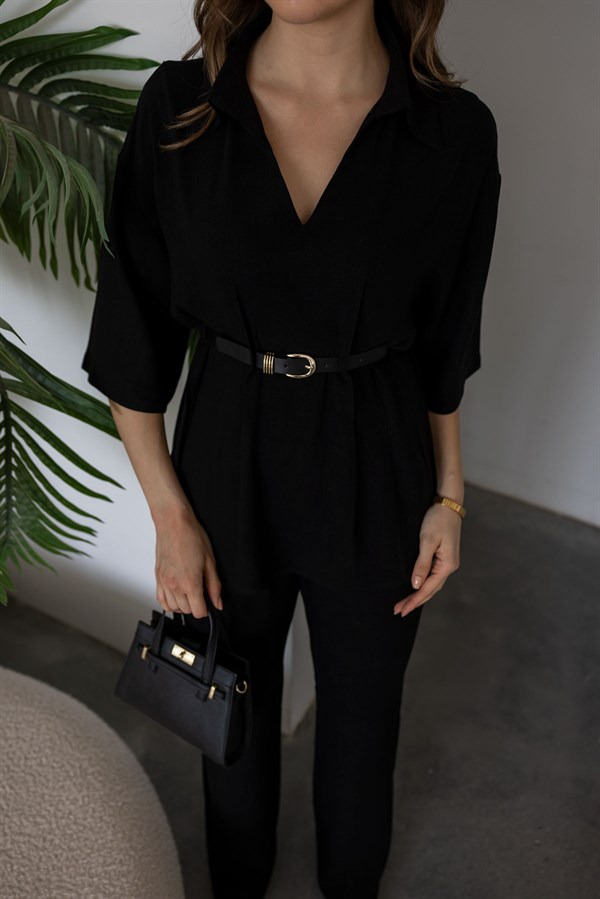 Kemerli Keten Takım - SİYAH