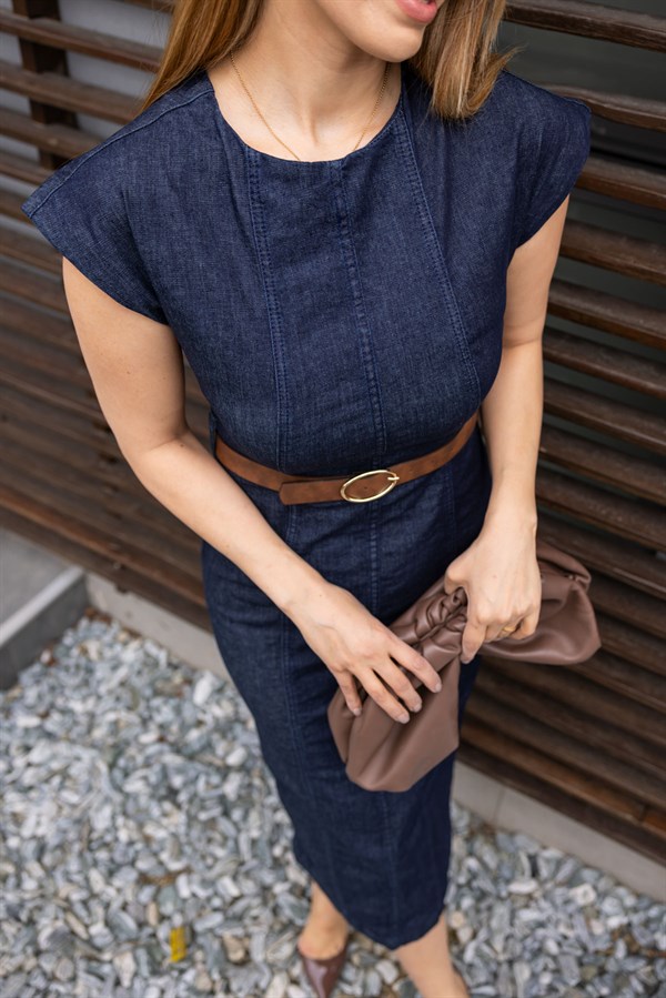 Kemerli Kot Elbise - LACİVERT