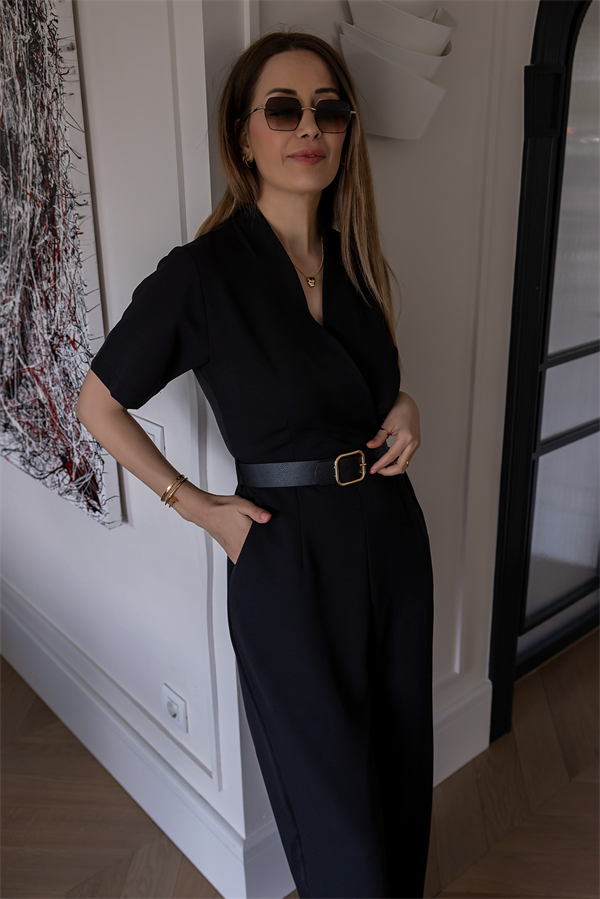 Kemerli Kruvaze Yaka Tulum - SİYAH