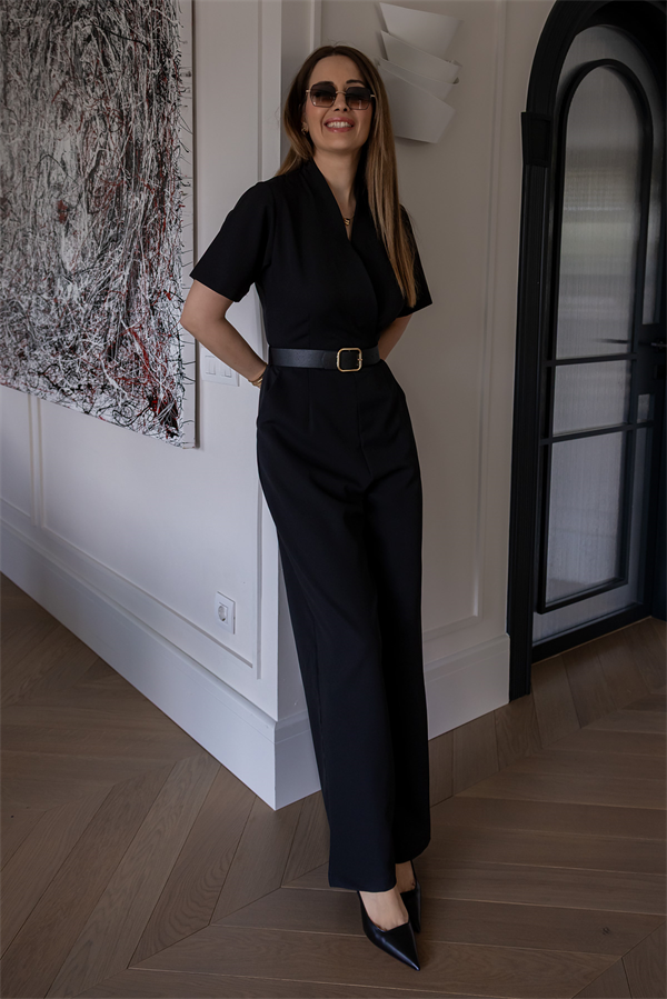 Kemerli Kruvaze Yaka Tulum - SİYAH