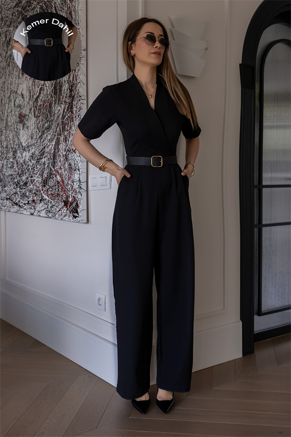 Kemerli Kruvaze Yaka Tulum - SİYAH