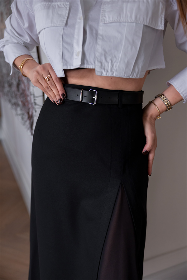 Kemerli Midi Boy Etek - SİYAH