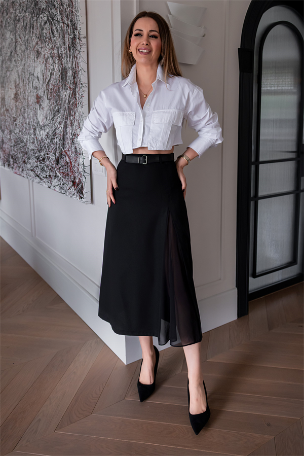 Kemerli Midi Boy Etek - SİYAH