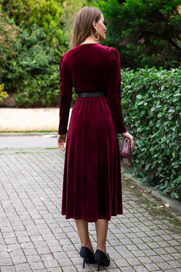 Kemerli Midi Kadife Elbise - BORDO