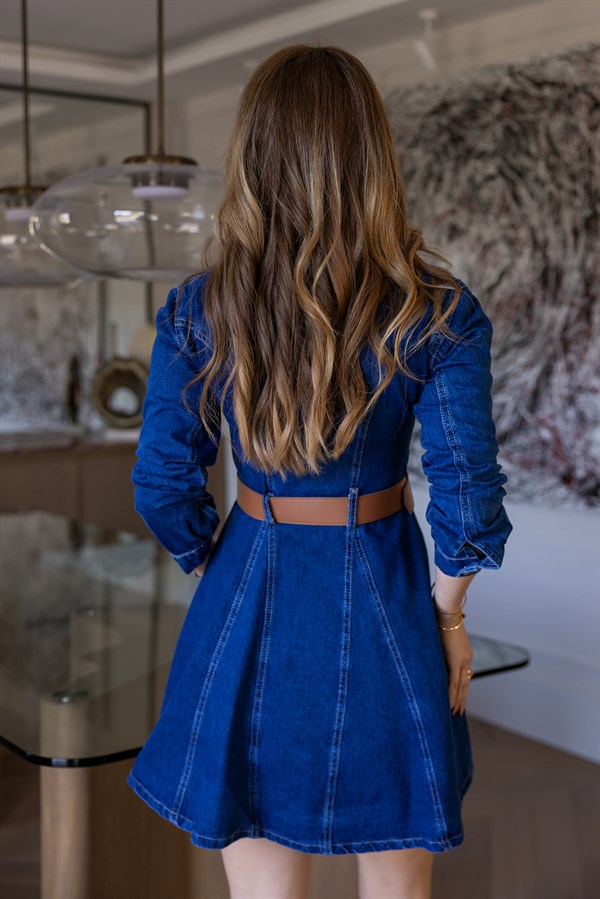 Kemerli Mini Denim Elbise - LACİVERT