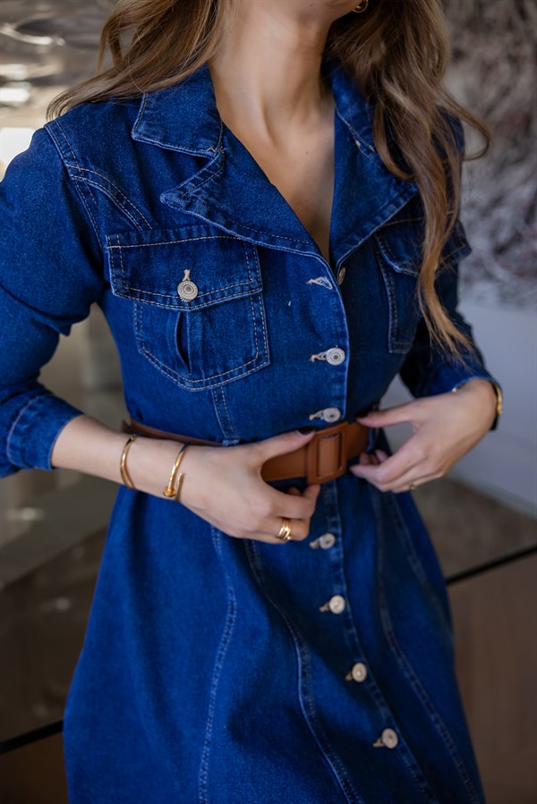 Kemerli Mini Denim Elbise - LACİVERT