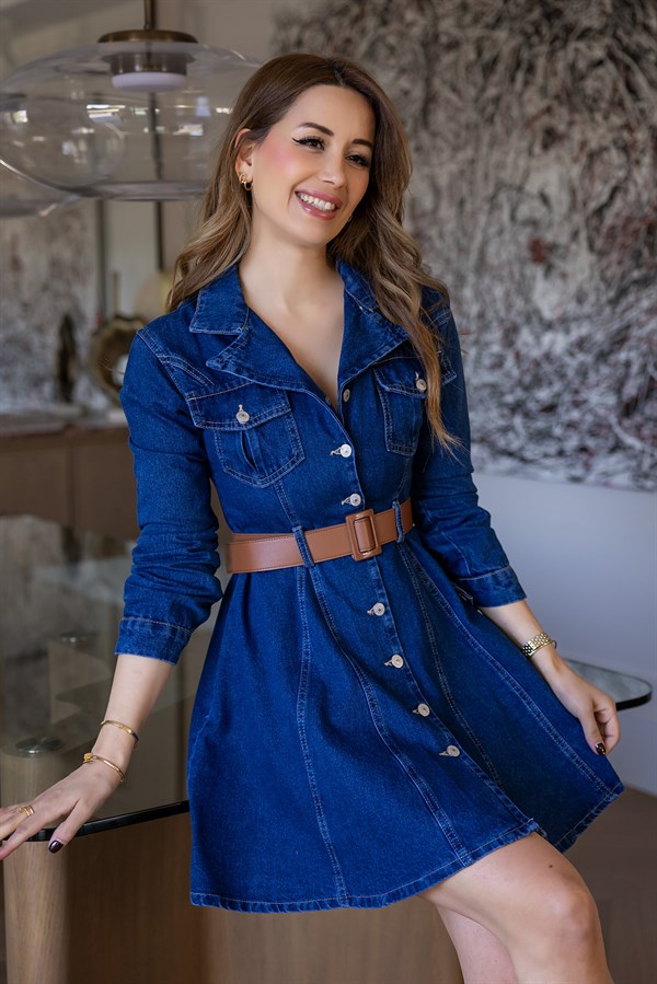 Kemerli Mini Denim Elbise - LACİVERT