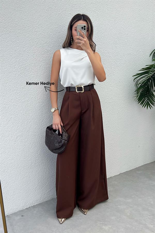Kemerli Palazzo Pantolon - KAHVERENGİ
