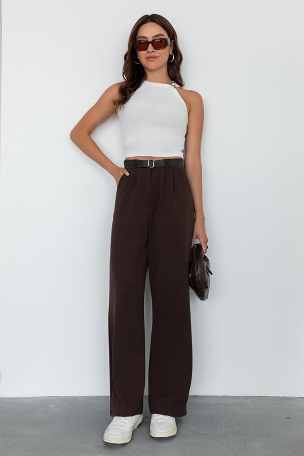 Belted Palazzo Pants - Brown