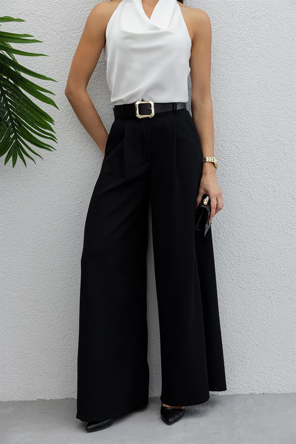 Kemerli Palazzo Pantolon - SİYAH