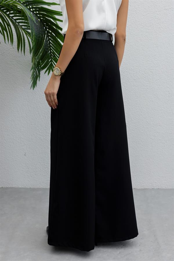 Kemerli Palazzo Pantolon - SİYAH
