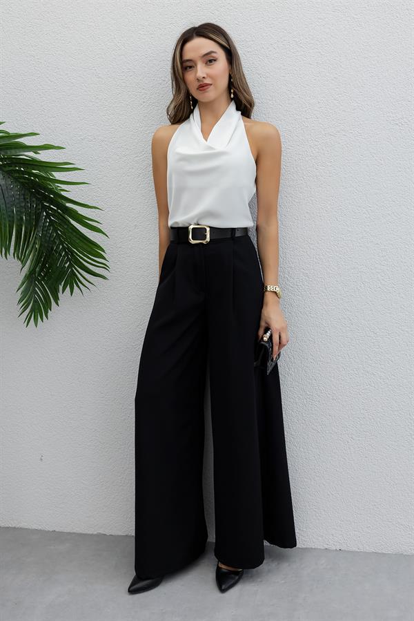 Kemerli Palazzo Pantolon - SİYAH