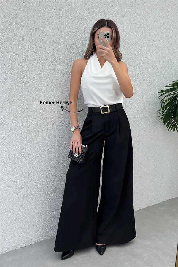 Kemerli Palazzo Pantolon - SİYAH