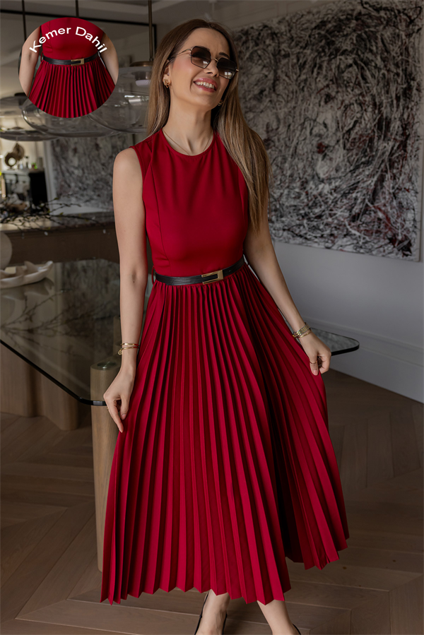 Kemerli Piliseli Elbise - BORDO