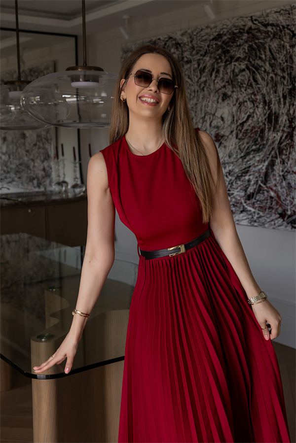 Kemerli Piliseli Elbise - BORDO