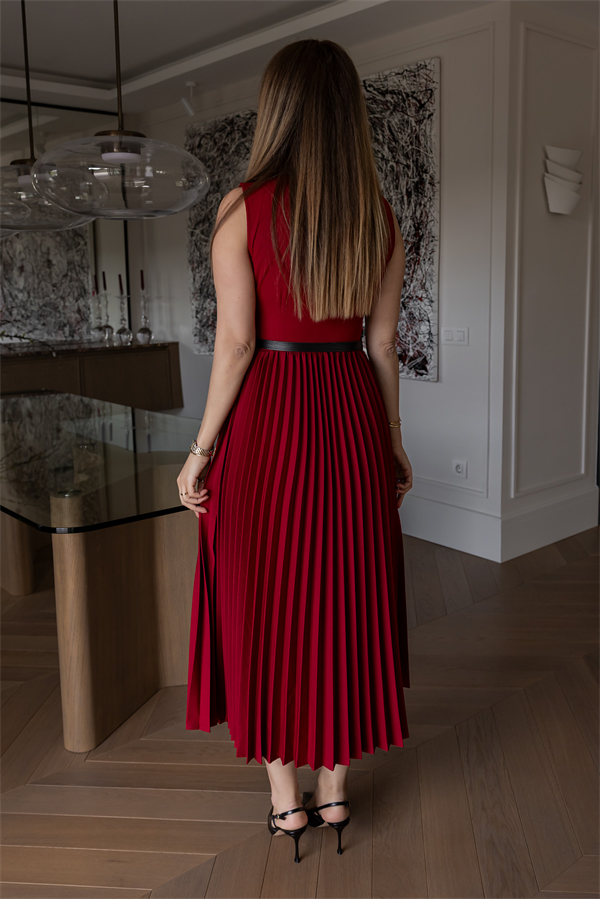 Kemerli Piliseli Elbise - BORDO