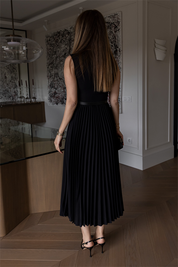 Kemerli Piliseli Elbise - SİYAH