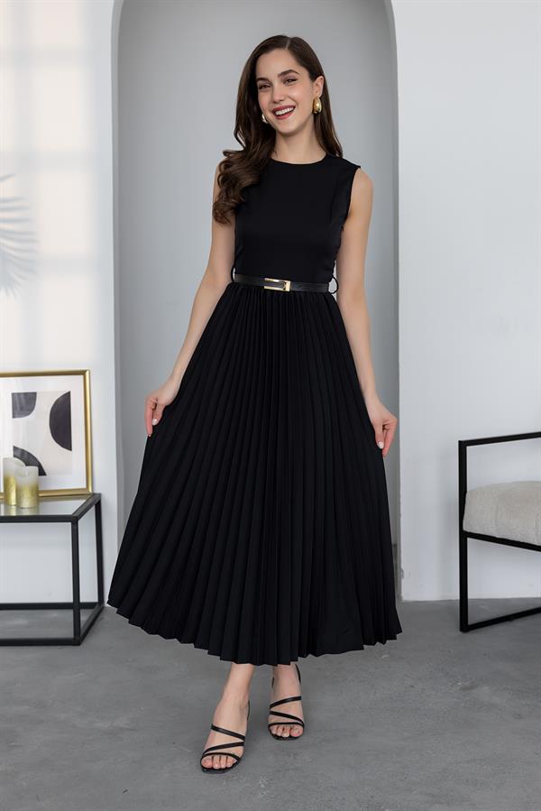 Kemerli Piliseli Elbise - SİYAH