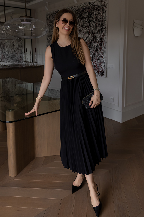 Kemerli Piliseli Elbise - SİYAH