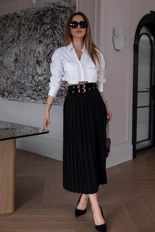 Kemerli Pliseli Etek - SİYAH