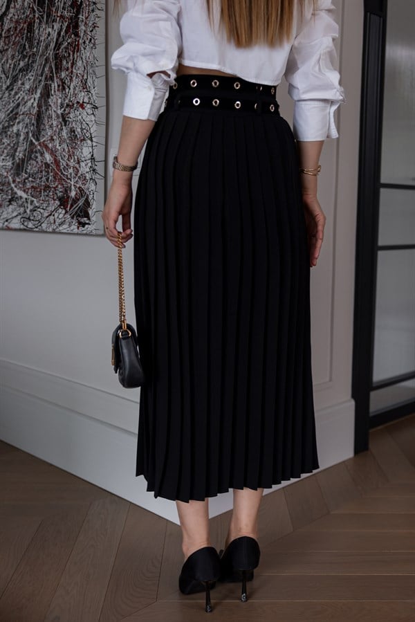 Kemerli Pliseli Etek - SİYAH