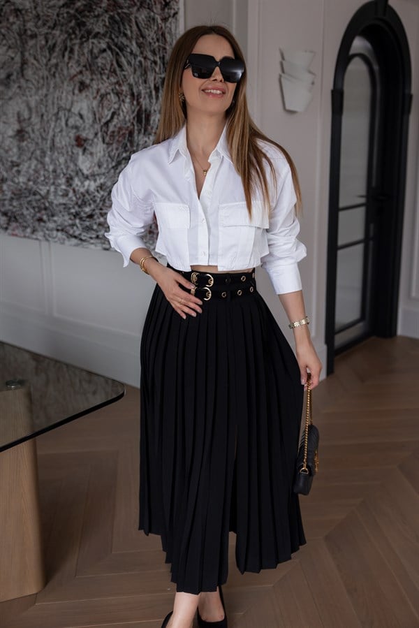 Kemerli Pliseli Etek - SİYAH