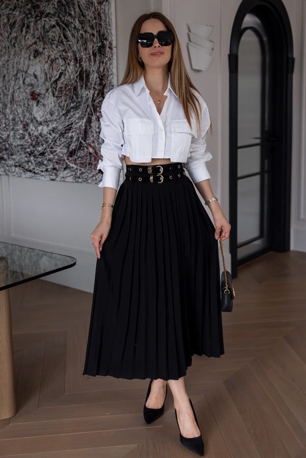 Kemerli Pliseli Etek - SİYAH