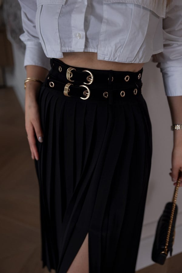 Kemerli Pliseli Etek - SİYAH