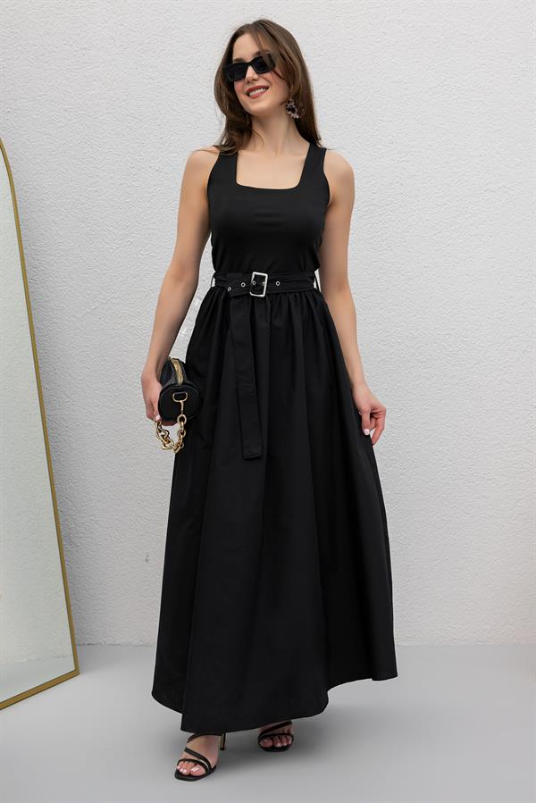 Kemerli Poplin Elbise - SİYAH