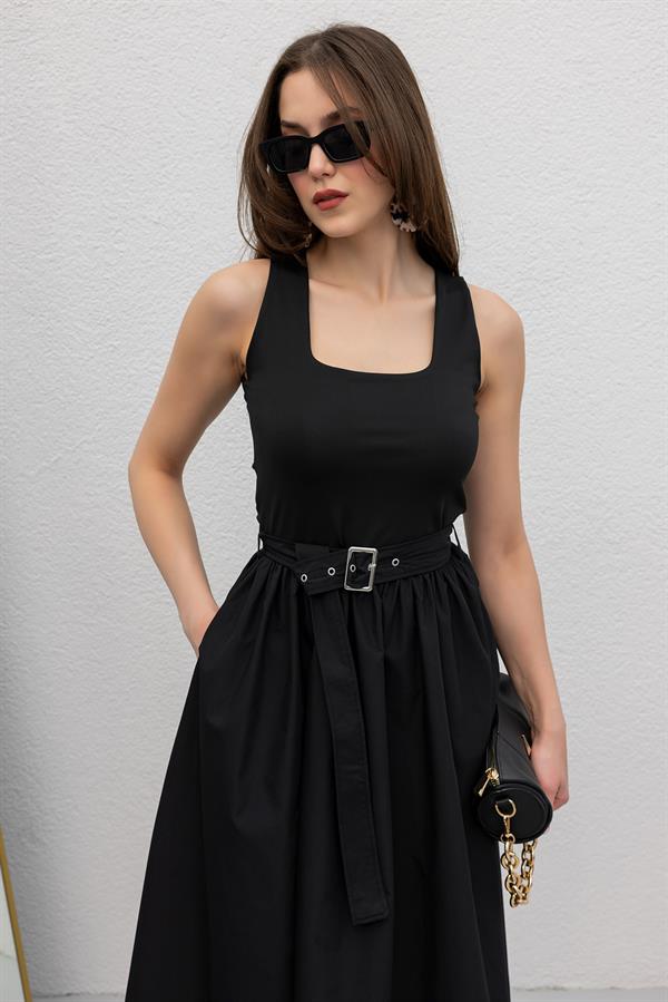 Kemerli Poplin Elbise - SİYAH