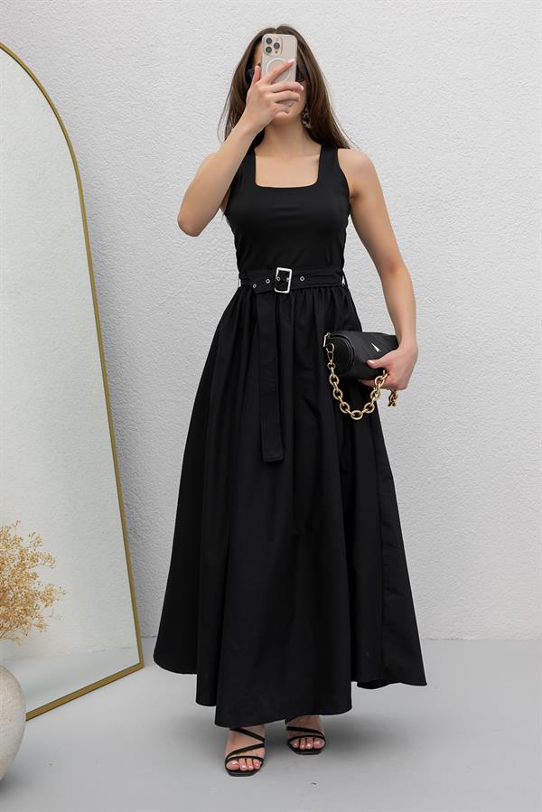 Kemerli Poplin Elbise - SİYAH