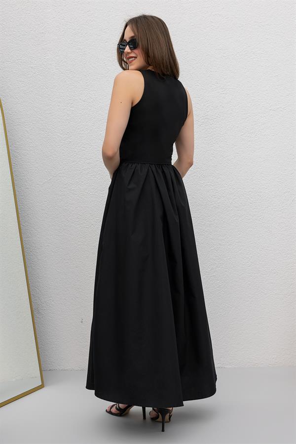 Kemerli Poplin Elbise - SİYAH