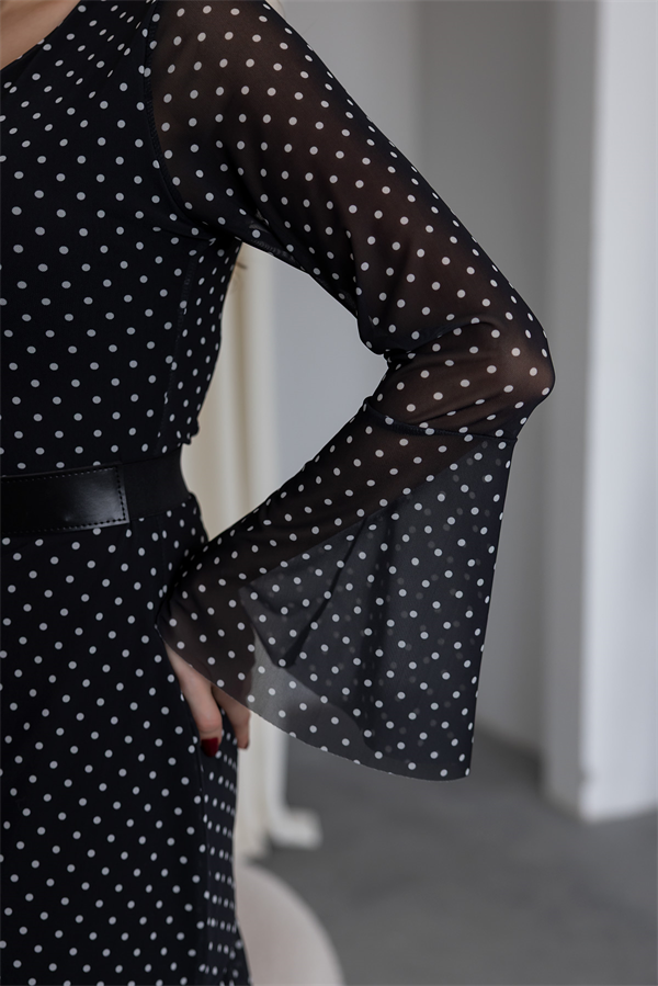 Kemerli Puantiyeli Elbise - SİYAH