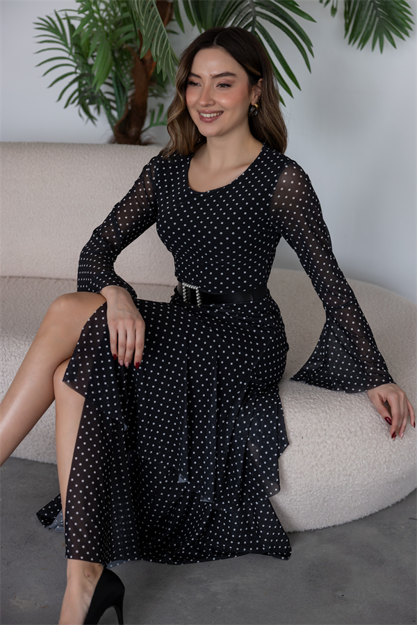 Kemerli Puantiyeli Elbise - SİYAH