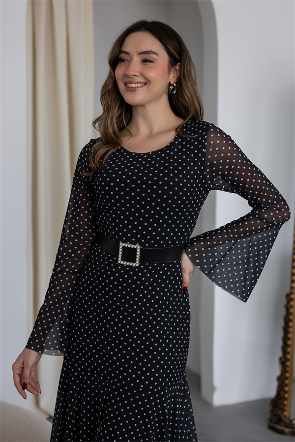 Kemerli Puantiyeli Elbise - SİYAH