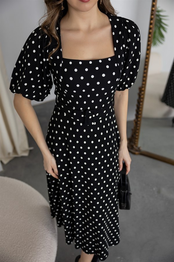 Kemerli Puantiyeli Krep Elbise - SİYAH