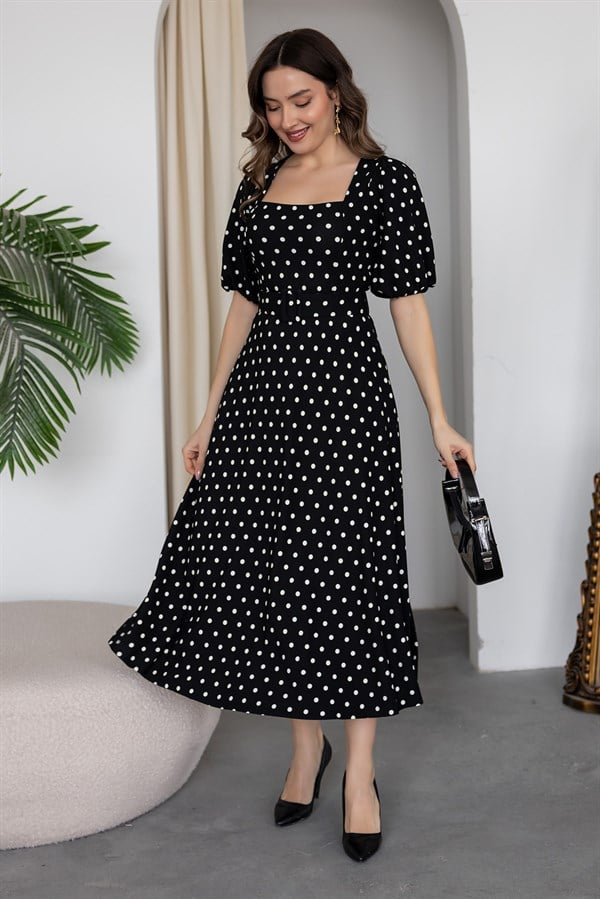 Kemerli Puantiyeli Krep Elbise - SİYAH