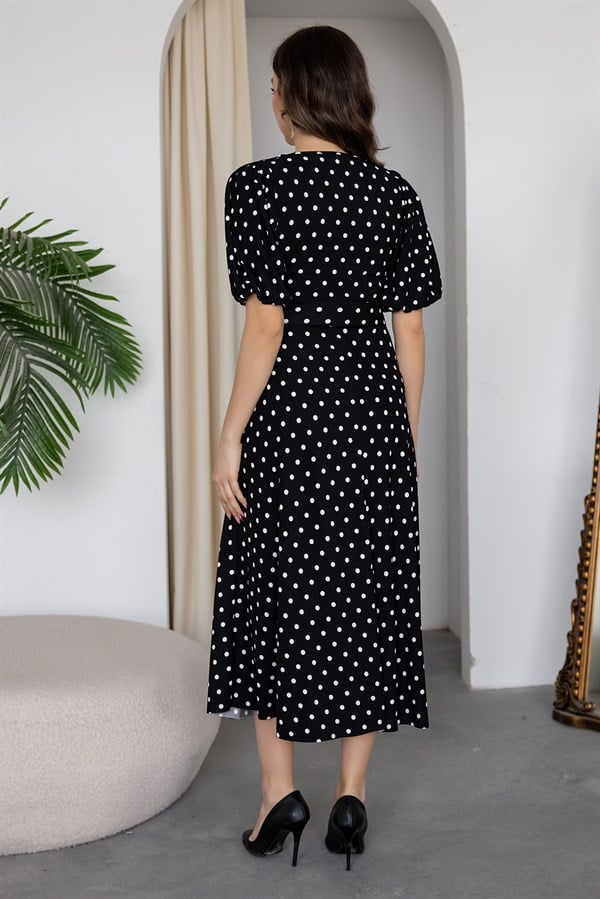 Kemerli Puantiyeli Krep Elbise - SİYAH