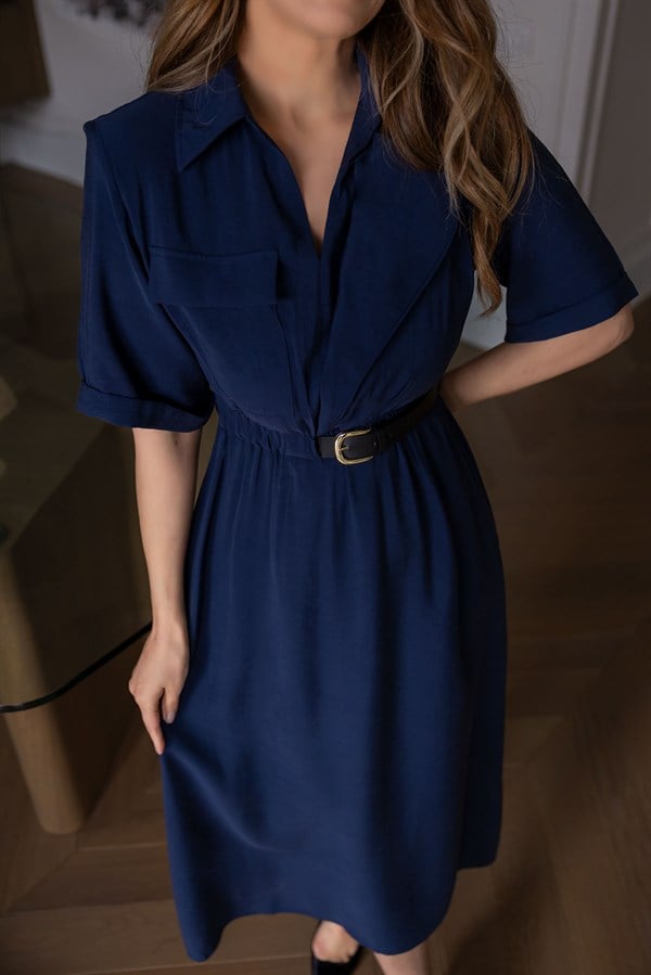 Kemerli Tensel Elbise - LACİVERT