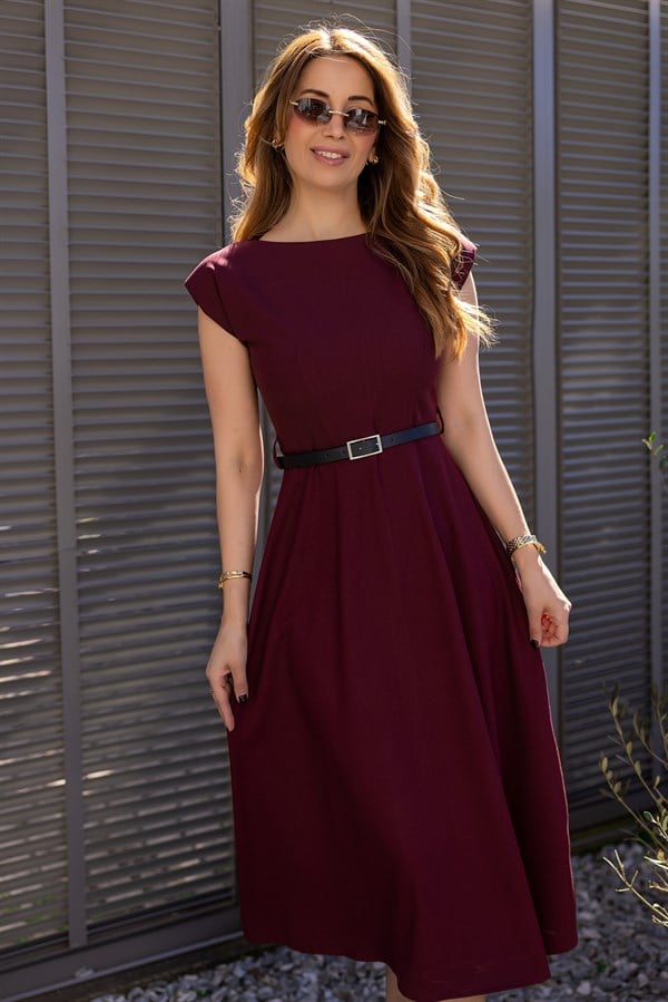 Kemerli Vatkalı Elbise - BORDO