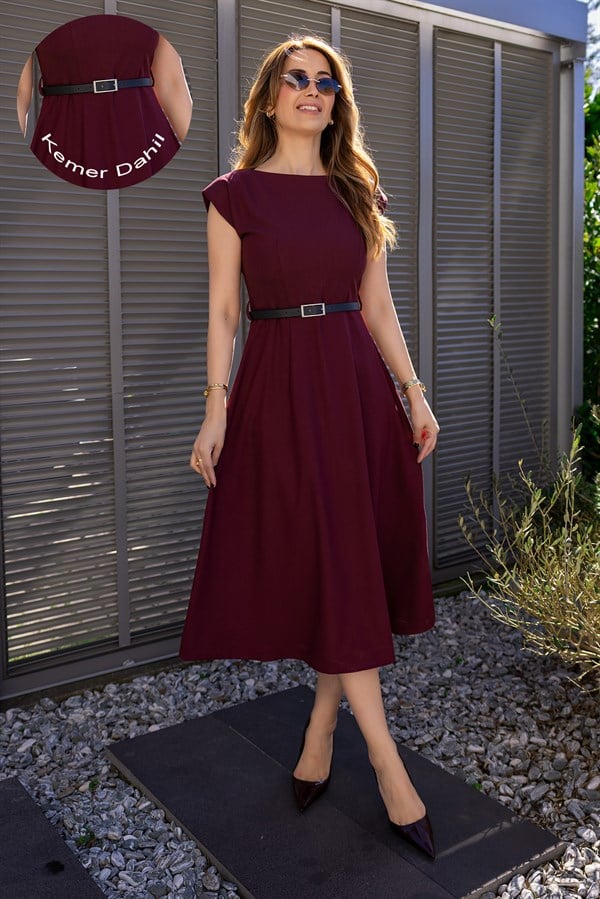 Kemerli Vatkalı Elbise - BORDO