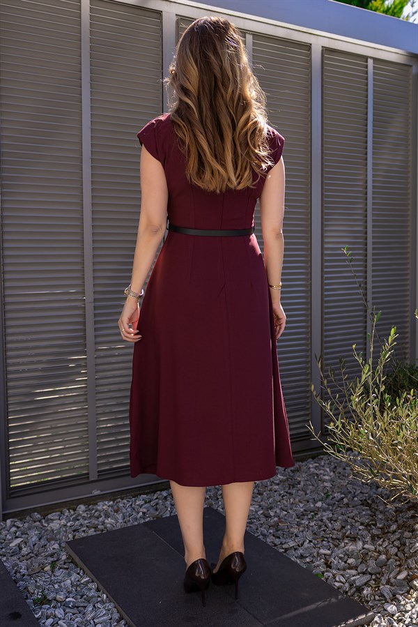 Kemerli Vatkalı Elbise - BORDO