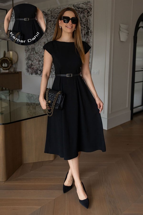 Kemerli Vatkalı Elbise - SİYAH