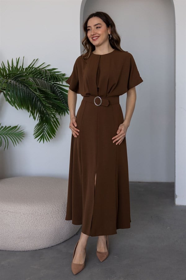 Kemerli Yarasa Kol Elbise - KAHVERENGİ