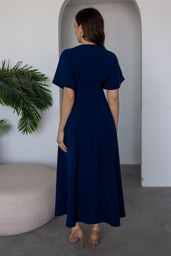 Kemerli Yarasa Kol Elbise - LACİVERT