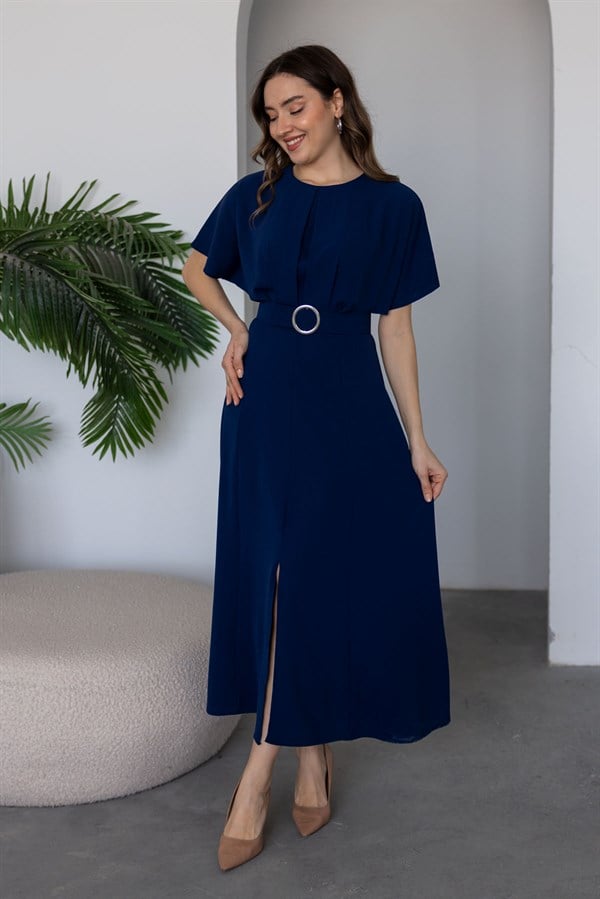 Kemerli Yarasa Kol Elbise - LACİVERT