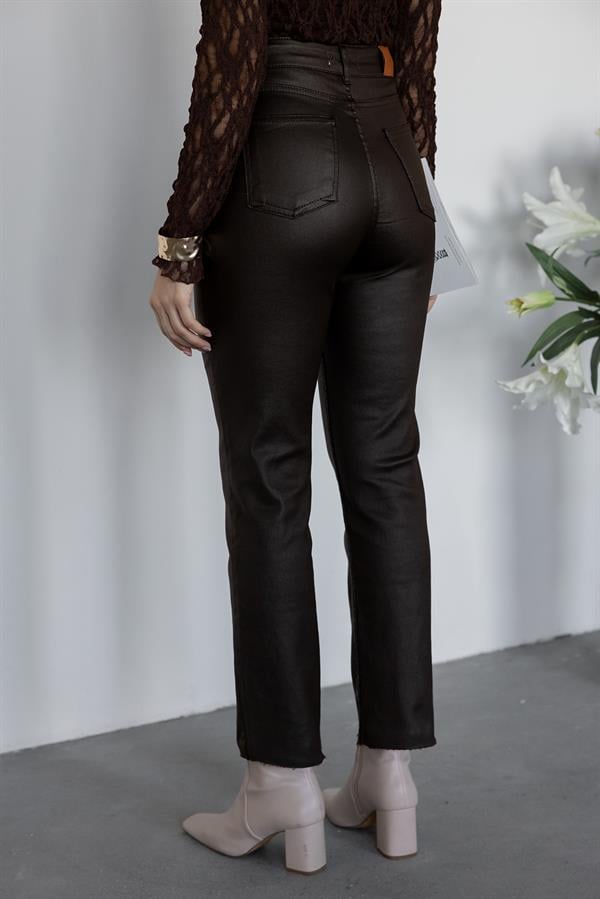 Kesik Paça Denim Pantolon - KAHVERENGİ