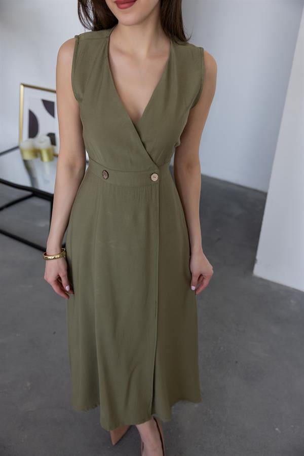 Keten Anvelop Elbise - HAKİ