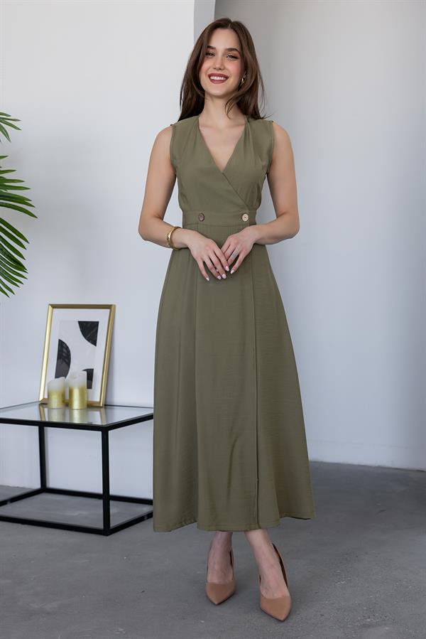 Keten Anvelop Elbise - HAKİ