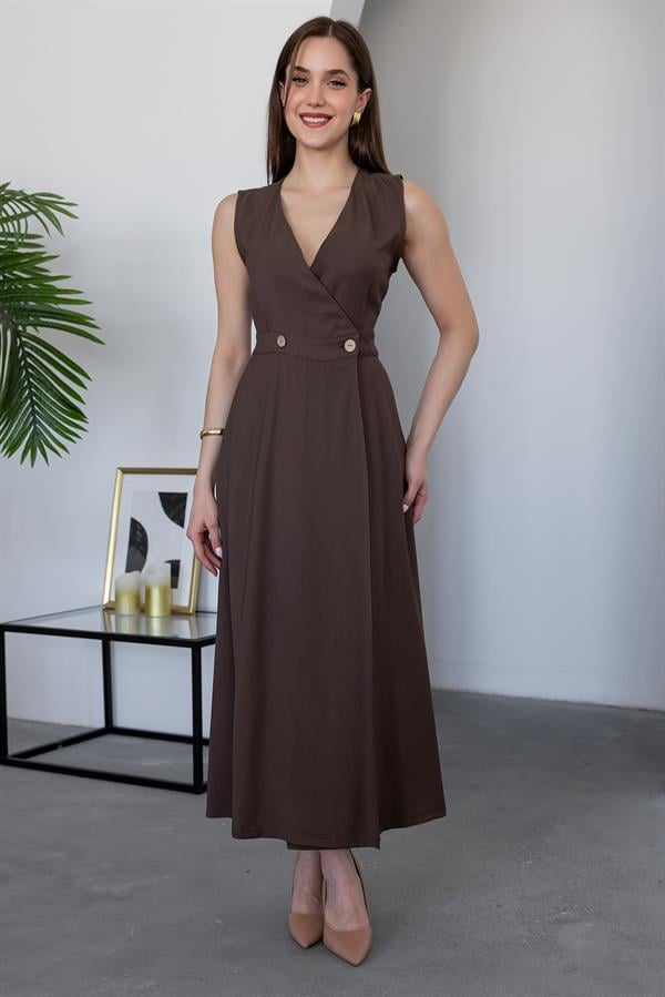 Keten Anvelop Elbise - KAHVERENGİ
